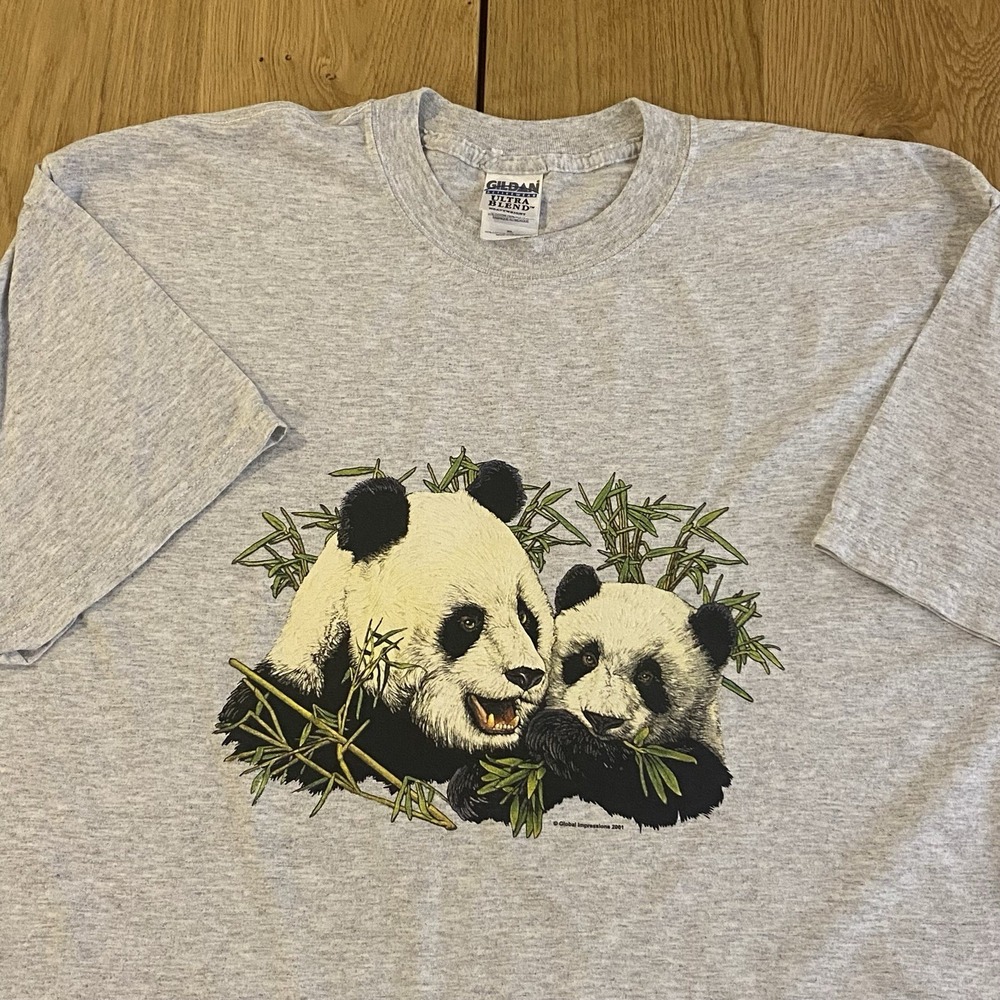 Vintage Giant Panda Mom & Baby Endangered Species‎ T Shirt Mens XL Gray Y2K